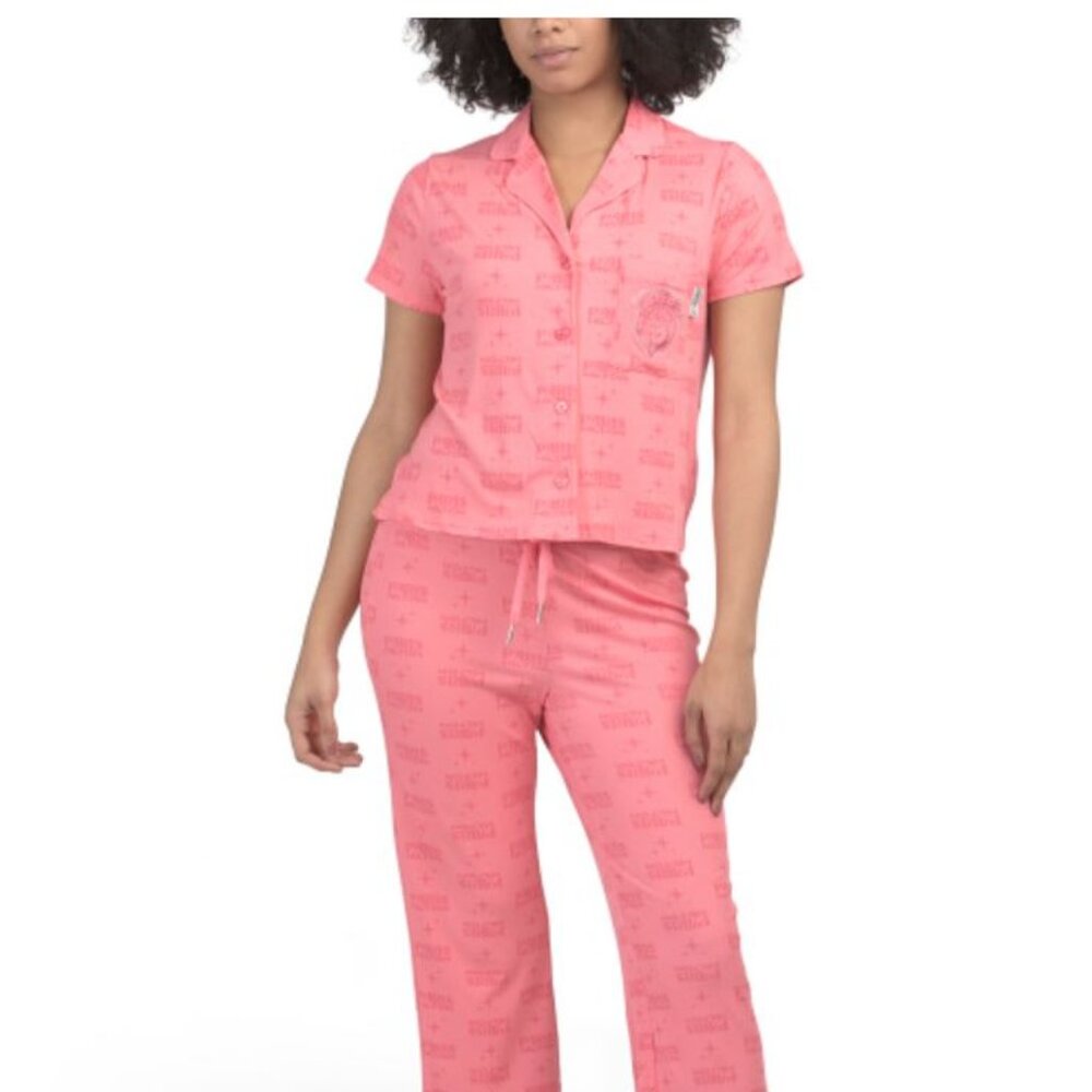 NWT PARIS HILTON Pink Ribbed Notch Collar Top & Pocket Pant Sleep Set Size M